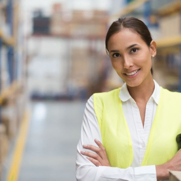 uśmiechnięta kobieta stoi na magazynie, ma na sobie koszulę i żółta kamizelkę odblaskową, ręce ma skrzyżowane