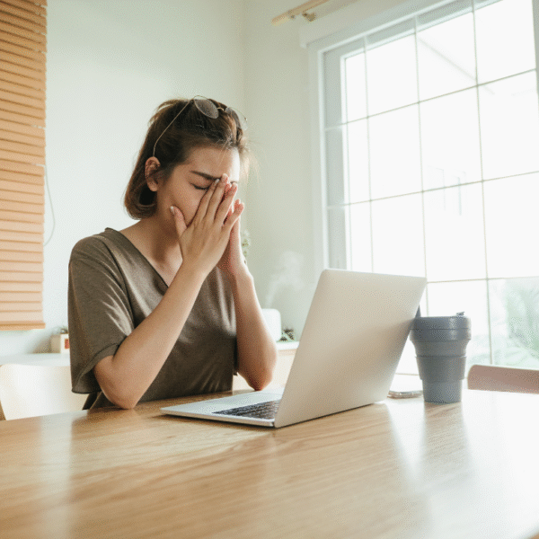 kobieta siedzi przy stole, przed nią laptop i kubek, kobieta rękami zasłania twarz, wygląda na strudzoną
