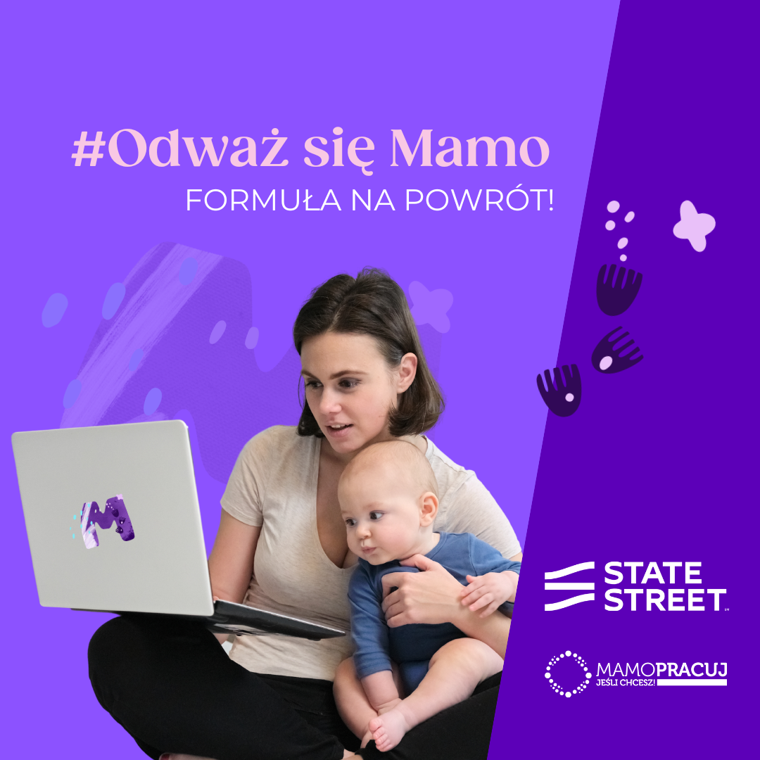 mama z niemowlakiem na rękach pracuje na komputerze