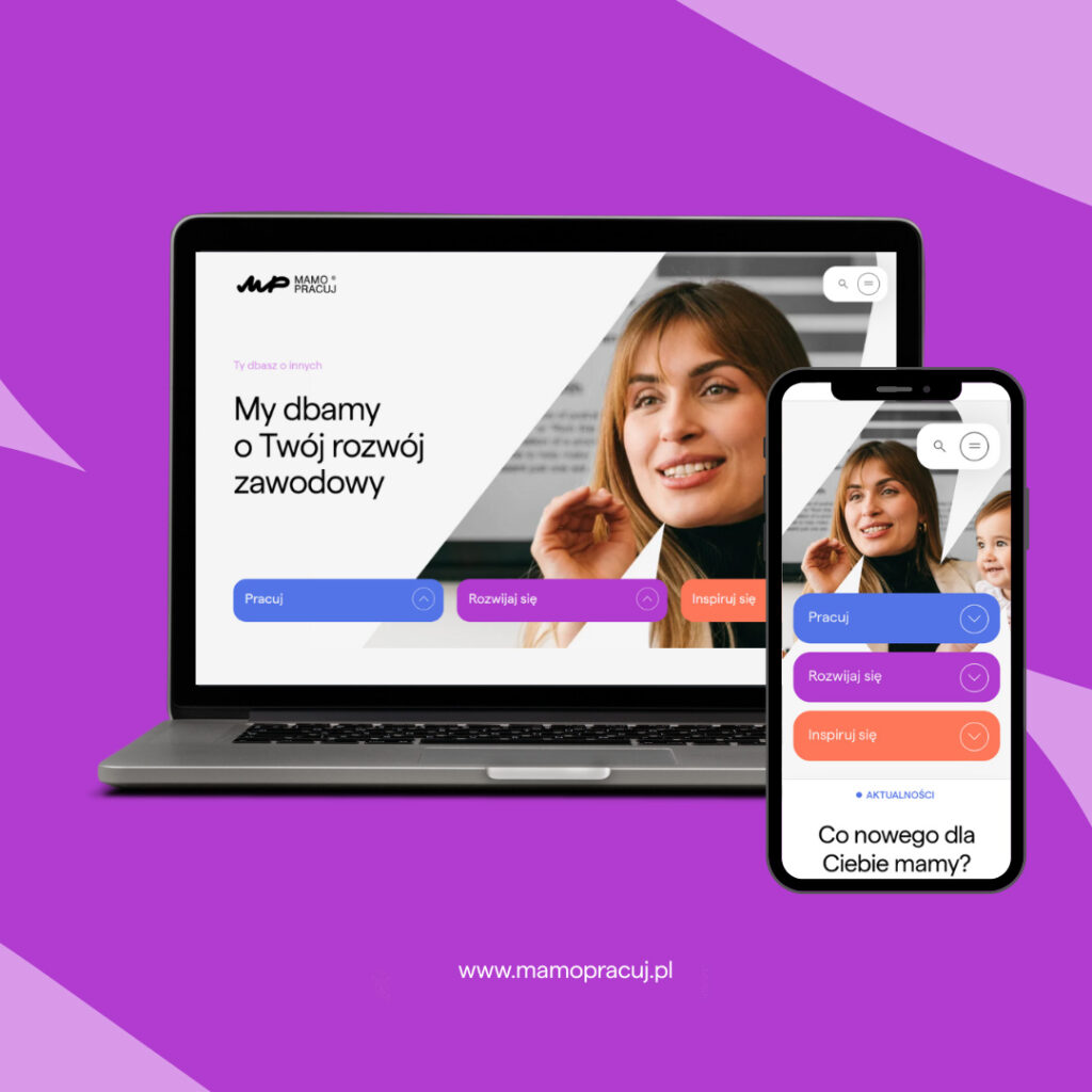 Ekrany laptopa i telefonu przedstawiające nową Mamo Pracuj