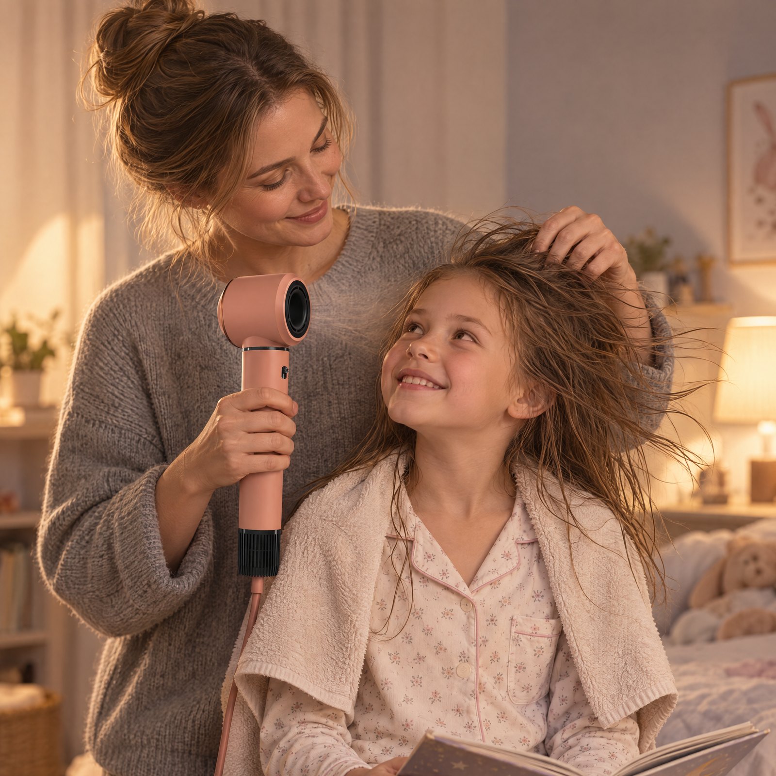 Mama suszy włosy córce suszarko-lokówką SkinVibe Nuvia AirPlasma w sypialni