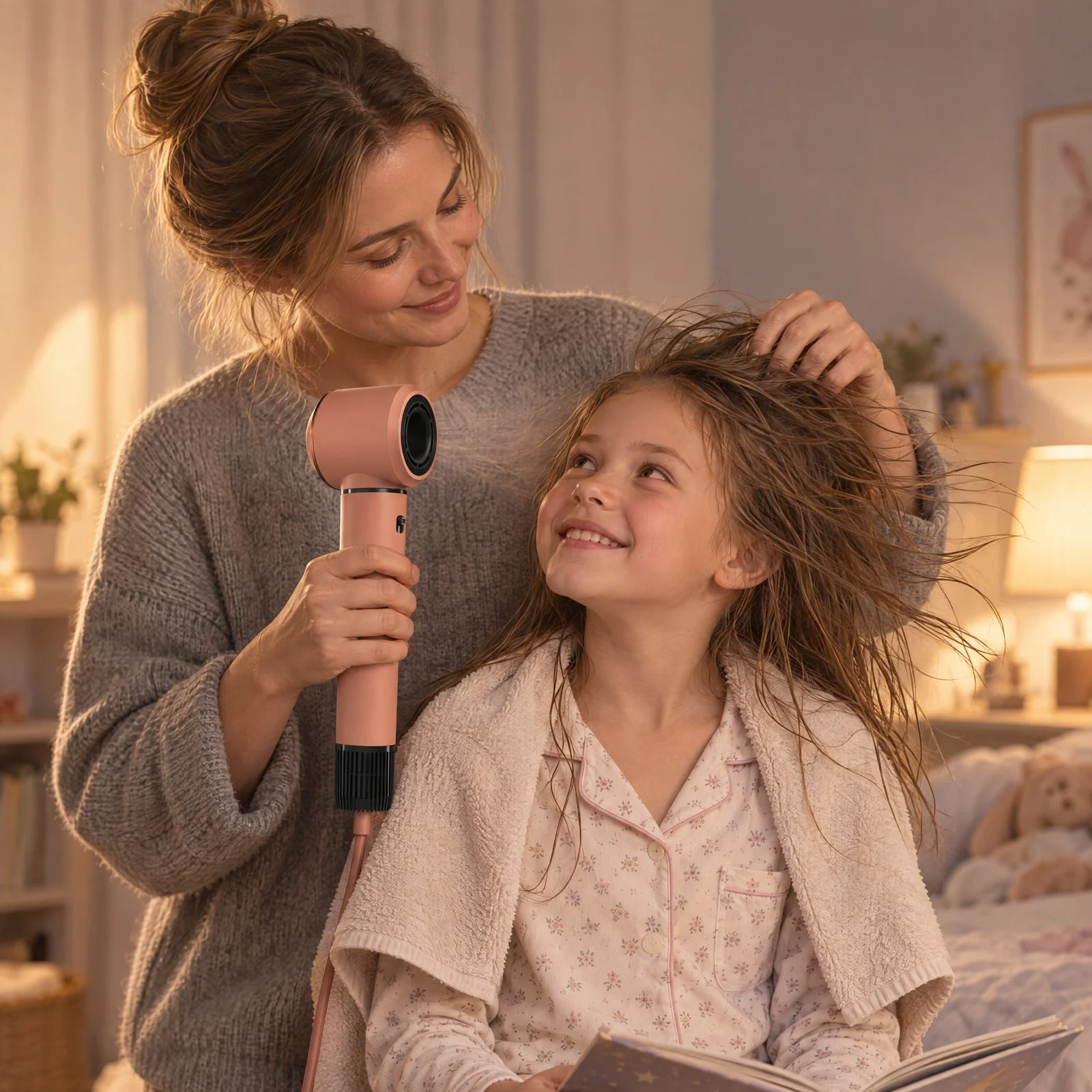 Mama suszy włosy córce suszarko-lokówką SkinVibe Nuvia AirPlasma w sypialni
